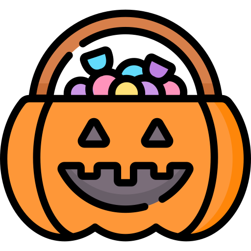 Pumpkin basket with candy inside.